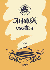 Freehand drawn concept image with text Summer vacation with children. Element design corporate identity, banner, poster, flyer for tourism business agency, operator, company