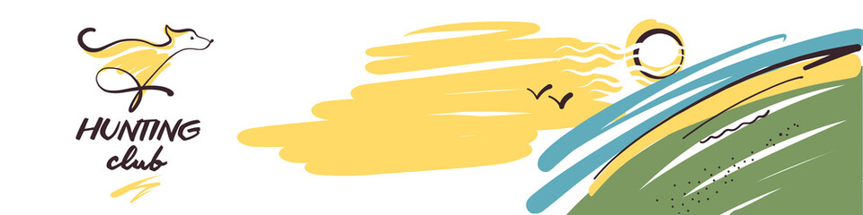 Sketch vector illustration. Template design banner, poster, card, logo for hunting shop. Hand-drawn image of dog