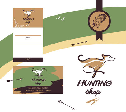 Sketch vector illustration. Template design banner, poster, card, logo for hunting shop. Hand-drawn image of dog