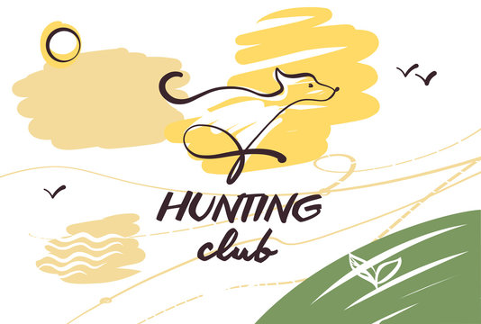 Sketch vector illustration. Template design banner, poster, card, logo for hunting shop. Hand-drawn image of dog