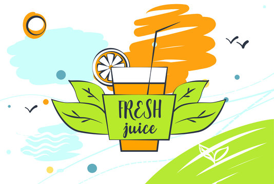 Sketch vector illustration. Template hand-drawn banner, poster, logo for menu cafe, bar, restaurant with healthy beverage, fresh juice. Glass with lemon