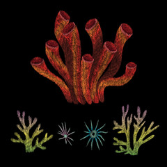 coral. traditional stylish fashionable floral embroidery on the black background. sketch for printing on clothing, fabric, accessories, bag and design. vector, trend