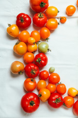 Fresh organic tomatoes of different colors on white textile background. Harvest concept. Framed composition for placing text  at centre. Overhead view, natural lighting, copy space.