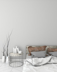 mock up modern interior background with bed and table, 3D illustration, 3D render