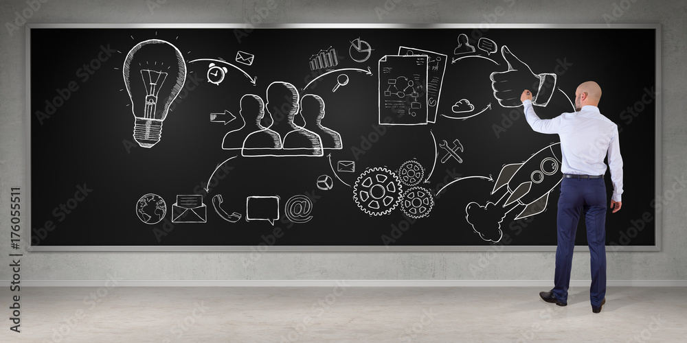 Poster Businessman drawing a project sketch on a board 3D rendering