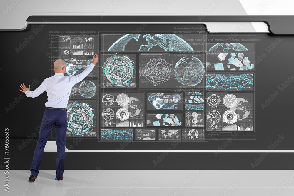 Poster Businessman using graph screens interface on a board 3D rendering