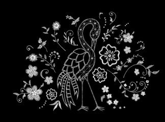 phoenix, firebird. white lace Traditional stylish fashionable embroidered embroidery on a black background. sketch for printing on fabric, bag, clothes, accessories and design. trend vector
