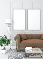 mock up poster frame in light interior background with sofa, carpet and table, classic style, 3D render