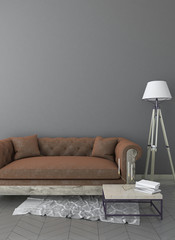 mock up grey interior background with sofa, table and carpet, classic style, 3D render
