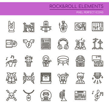 Rock & Roll Elements , Thin Line and Pixel Perfect Icons.