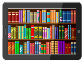 Online library concept, tablet with book shelves