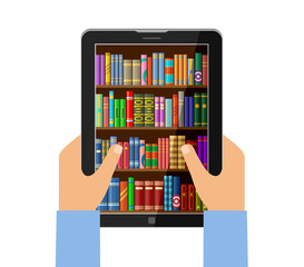 Hands holding tablet with digital books