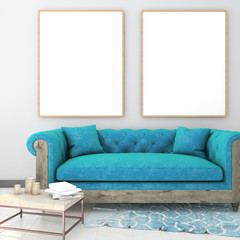 mock up poster frame in light interior background with blue sofa, carpet and table, classic style, 3D render
