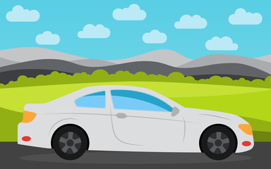 Fototapeta premium White sports car in the background of nature landscape in the daytime. Vector illustration. 