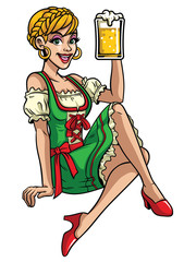 happy girl of oktoberfest wearing drindl and presenting the beer