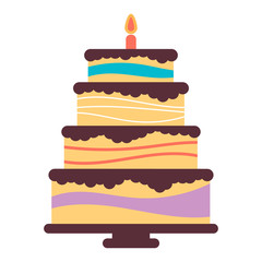 Sweet birthday cake with burning candle. Colorful holiday dessert. Vector celebration background.
