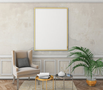 Mock Up Poster Frame On Old Plaster Wall With Moldings. Vintage Interior With Brown Parquet Floor And Easy Chair. 3d Render