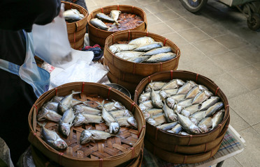 Steamed and salted short mackerel, Pla thu for sell at Sriyan market, Bangkok, Thailand