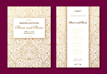 Set of wedding invitation templates. Cover design with gold Damask ornaments. Vector illustration