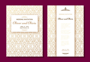 Set of wedding invitation templates. Cover design with gold swirl ornaments. Vector illustration