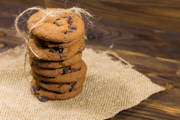 Chocolate chip cookies on wooden table