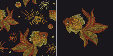 Obraz premium white lace, gold fish. Traditional folk stylish stylish floral embroidery on the black background. Sketch for printing on fabric, clothing, bag, accessories and design. Vector, trend