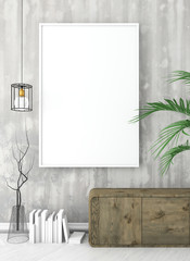mock up poster frame on old concrete wall. vintage interior with white floor and brown commode. 3d render
