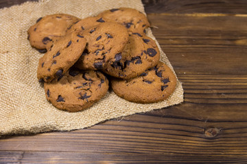 Chocolate chip cookies on wooden table