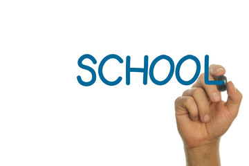 Hand writing SCHOOL in Blue on Screen