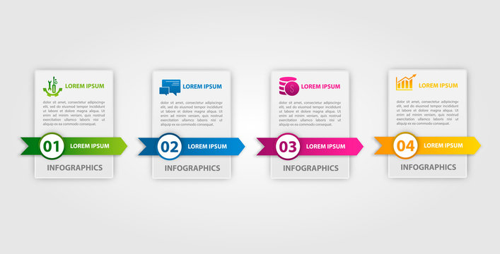 Vector illustration. An infographic template with 4 steps and an image of four rectangles and circles. Use for business presentations, education, web design. Place for text and icons