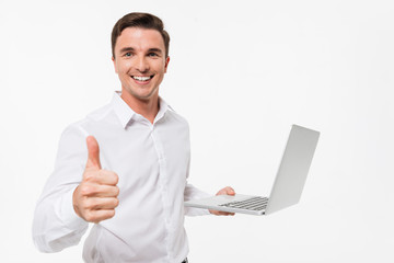 Portrait of a cheerful positive man in white shirt