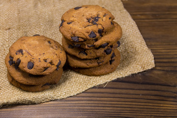 Chocolate chip cookies on wooden table