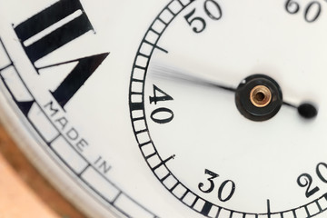 Partial view of white watch face second hand dial
