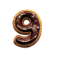 Gingerbread Biscuit Font decorated with Chocolate icing, Number 9. 3d rendering isolated on White Background 