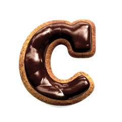 Gingerbread Biscuit Font decorated with Chocolate icing, Letter C. 3d rendering isolated on White Background 