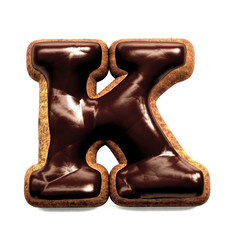 Gingerbread Biscuit Font decorated with Chocolate icing, Letter K. 3d rendering isolated on White Background 