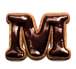 Gingerbread Biscuit Font decorated with Chocolate icing, Letter M. 3d rendering isolated on White Background 