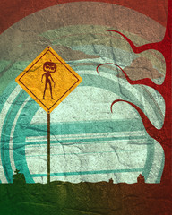 Halloween holiday background. Zombie silhouette with pumpkins head on warning yellow road sign. Cemetery view at night. Grunge concrete wall texture