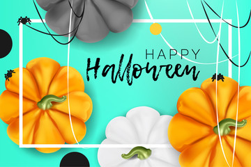 Halloween card. Pumpkins differect colors, beautiful and realistic with spider web and lettering. Modern, cololful pumpkins top view on tiffany blue color background with white frame. Fresh and trendy