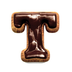 Gingerbread Biscuit Font decorated with Chocolate icing, Letter T. 3d rendering isolated on White Background 
