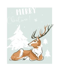 Hand drawn vector abstract fun Merry Christmas time illustration greeting card with reindeer and many xmas trees isolated on blue background.