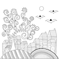 Coloring book page of village zentangle for adult and children.vector illustration.Halloween night.