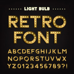 Retro sign alphabet. Vintage light bulb type letters and numbers. Signboard font. Stock vector typeface for your headers and any typography design.