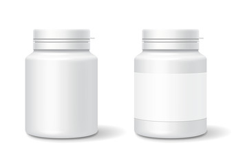 White medicine plastic bottle for tablets, pills. Realistic packaging mockup template. Vector illustration
