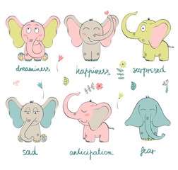 Obraz premium Set of cartoon elephants with various emotions.