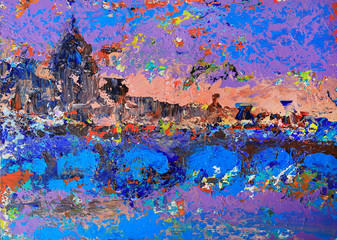 Obraz na płótnie Canvas Abstract sunset picture with bridge, river and church