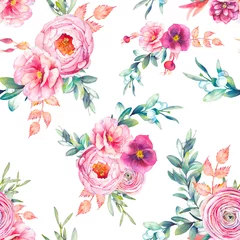  Watercolor seamless pattern with peonies flowers, snowberry, mistletoe, eucalyptus leaves. Repeating background with floral elements, peony, roses, ranunculus flowers. Garden style texture © ldinka