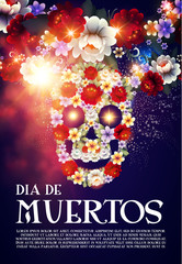 Day of the Dead Background with Traditional Mexican Scull with Flowers and Light Effects. Dia de los Muertos.Vector illustration