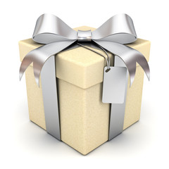 Gift box or present box with silver ribbon bow and blank tag isolated on white background with shadow . 3D rendering.
