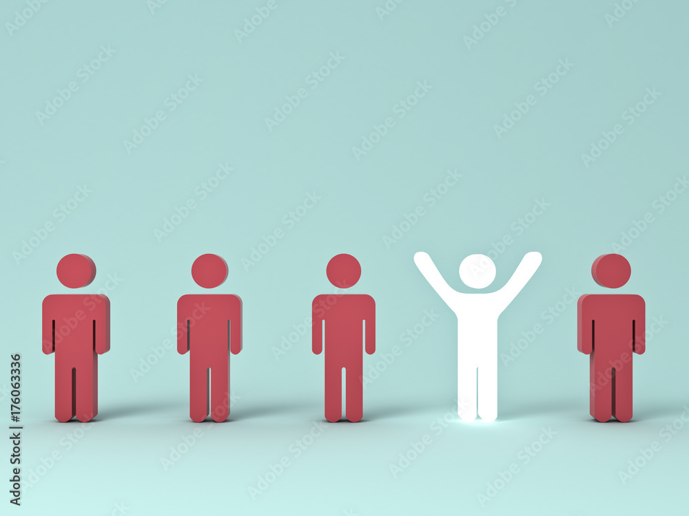 Aufkleber Stand out from the crowd and different creative idea concepts , One glowing light man standing with arms wide open among other red people on green pastel color background with shadows . 3D rendering.